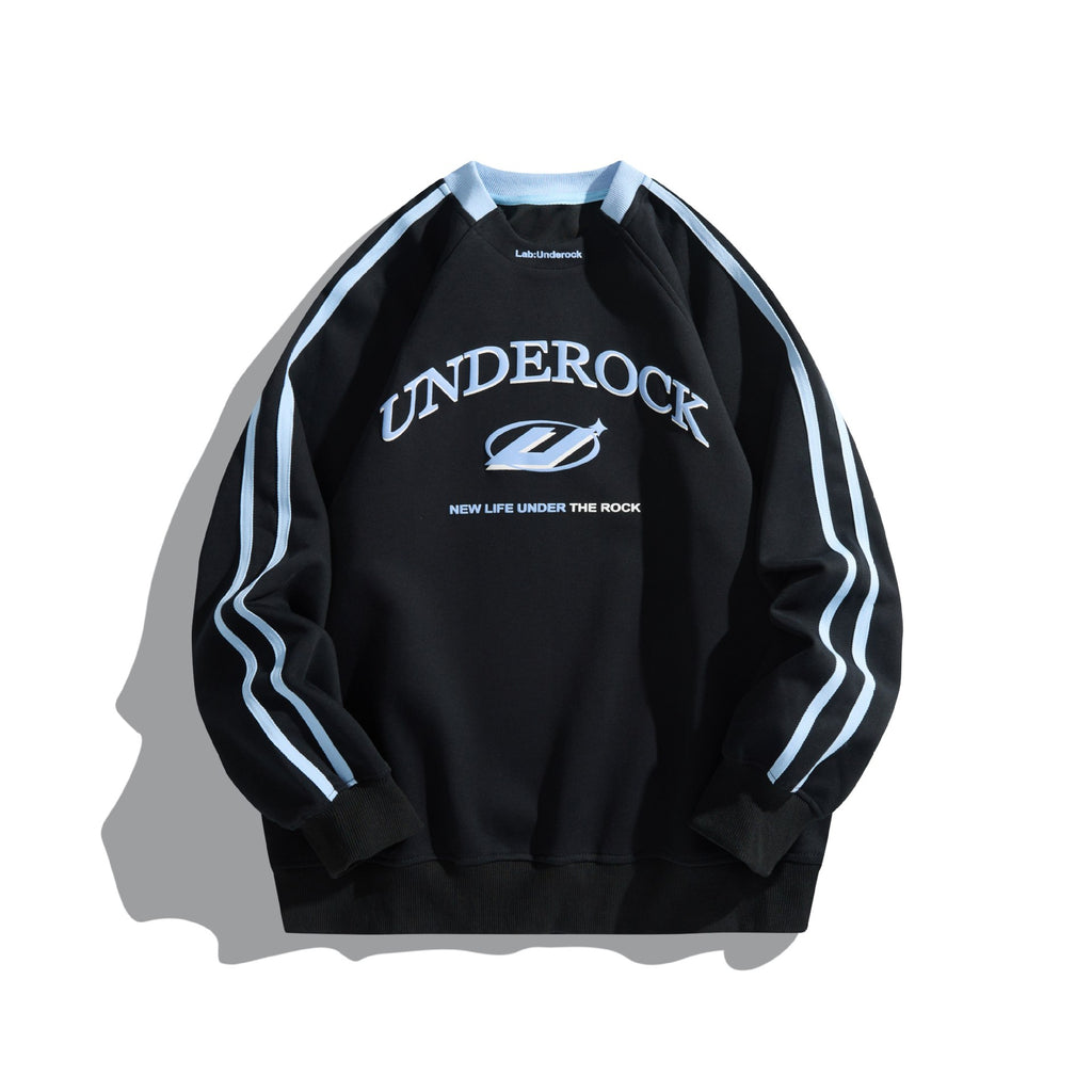 Underock - Irregular Hem Embroidered Patchwork Stripe Loose Fit Pullover