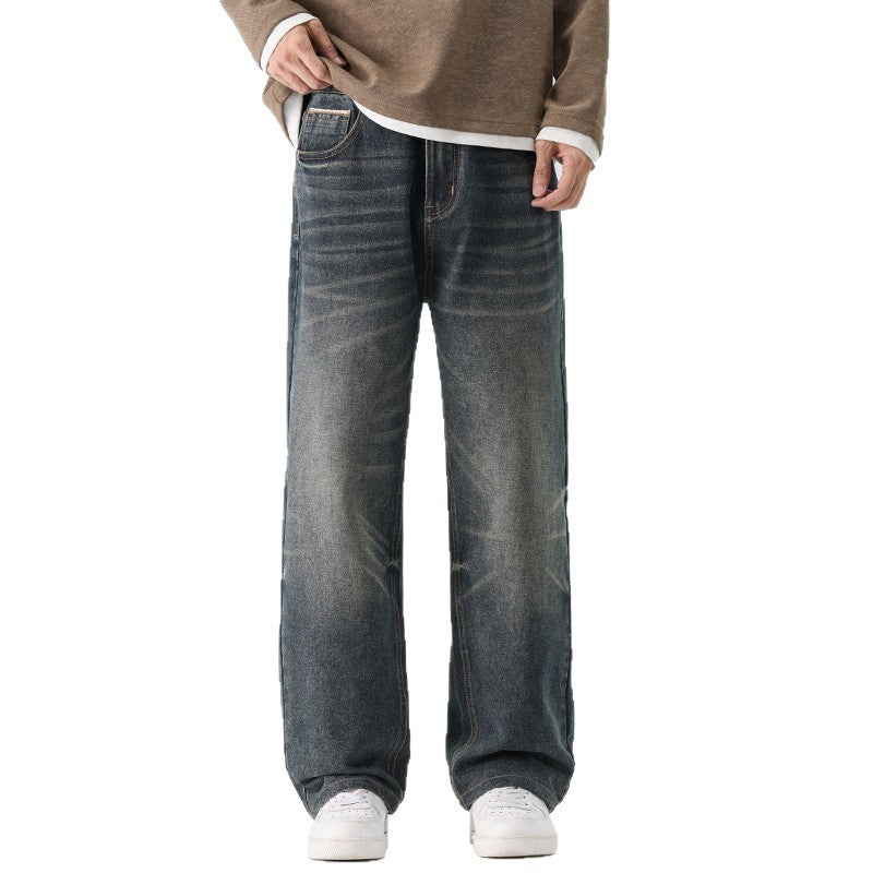 Blue Gray Denim Pants Men's Trendy Straight Leg