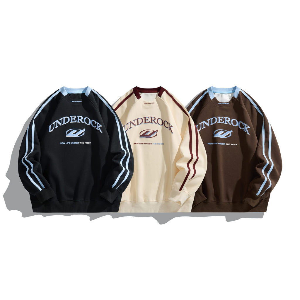 Underock - Irregular Hem Embroidered Patchwork Stripe Loose Fit Pullover