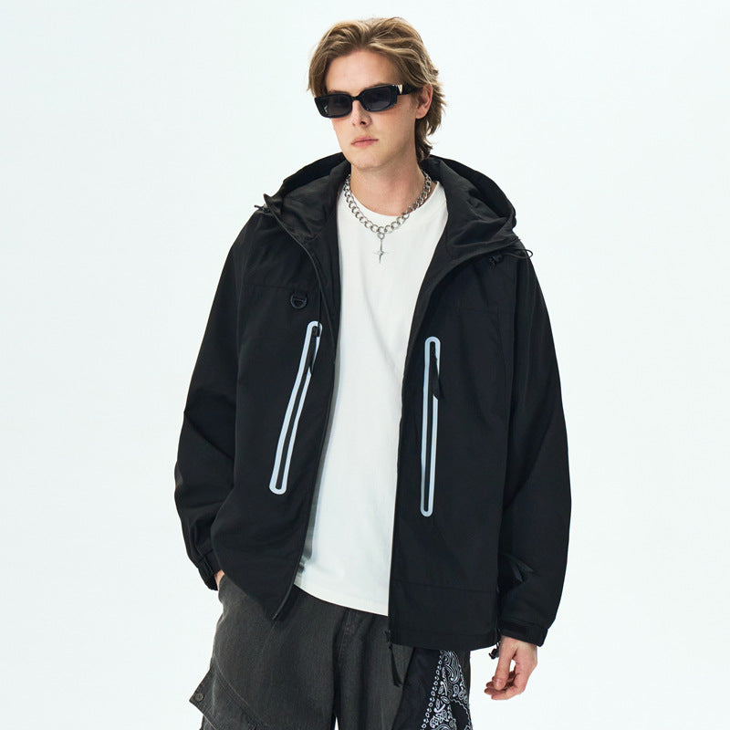 Cleanfit  Hooded Reflective Stripe Jacket, Casual Streetwear