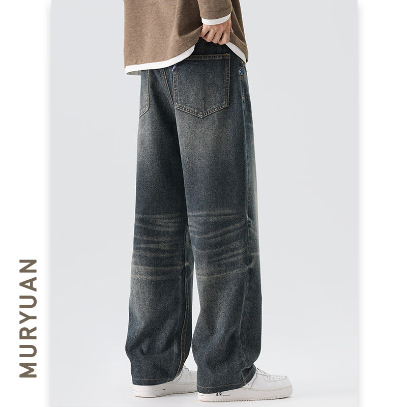 Blue Gray Denim Pants Men's Trendy Straight Leg