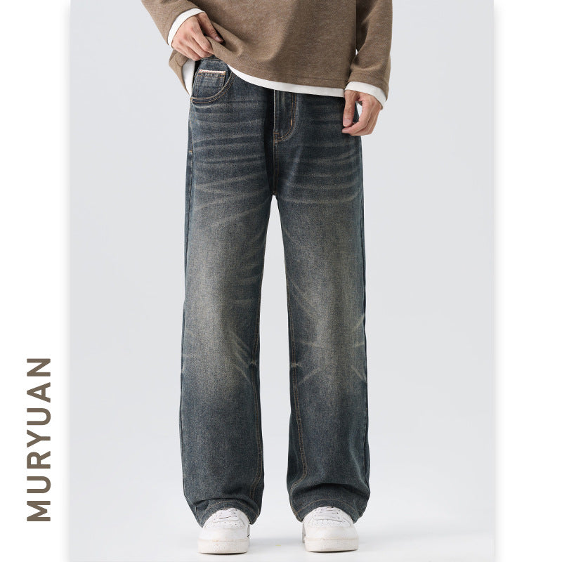Blue Gray Denim Pants Men's Trendy Straight Leg