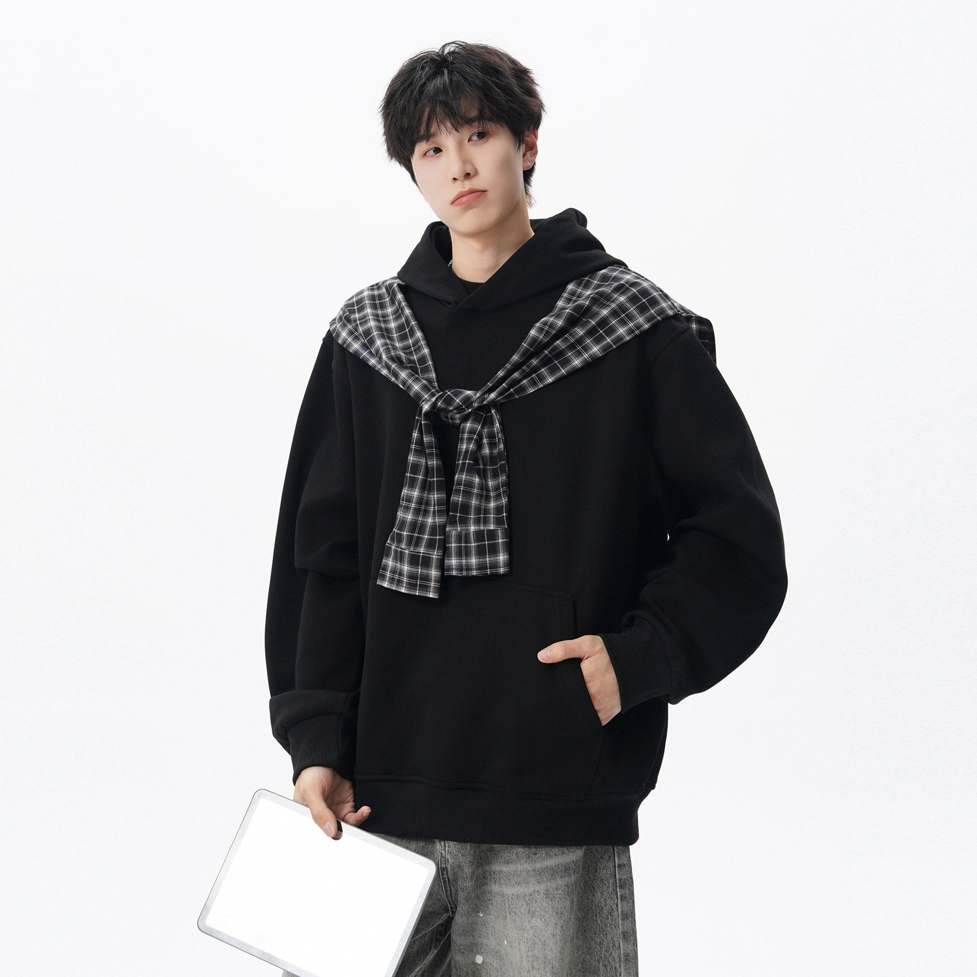 Checkered Shawl Fake Two Piece