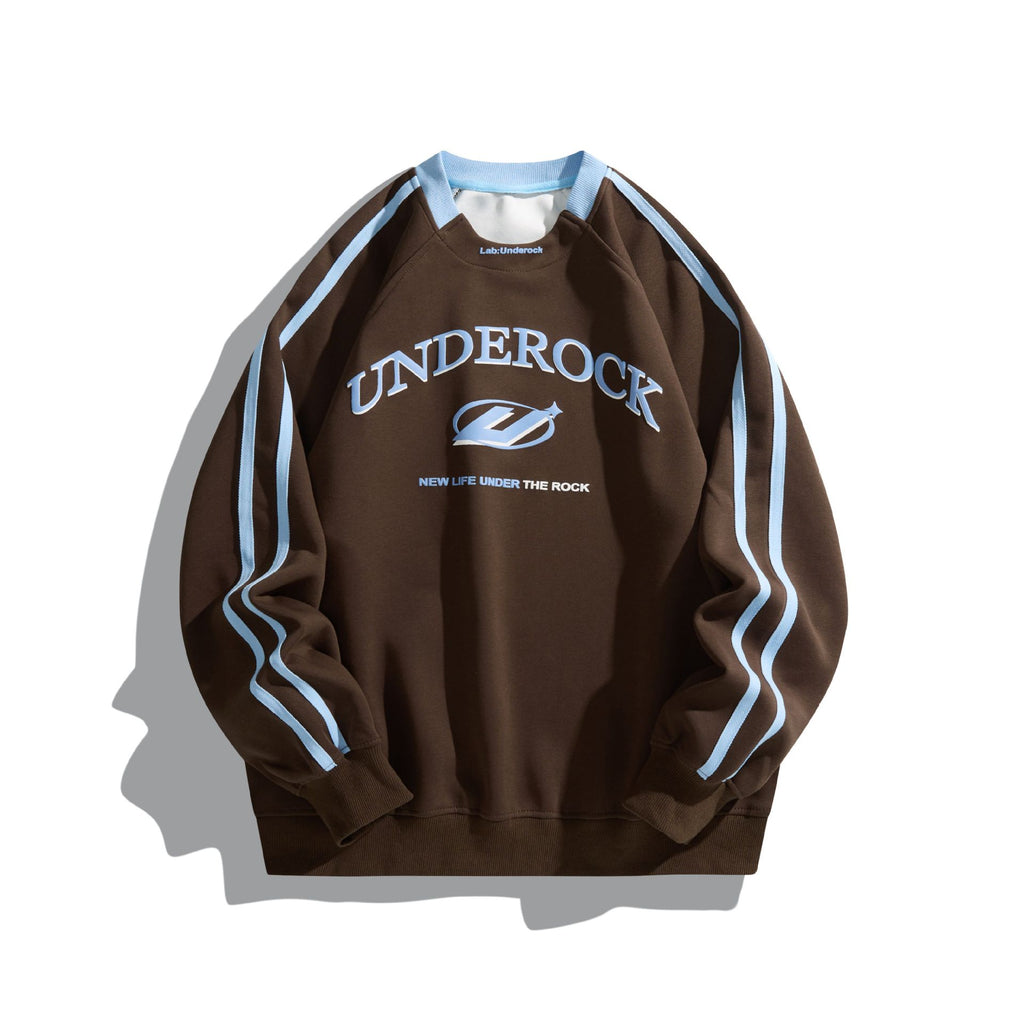 Underock - Irregular Hem Embroidered Patchwork Stripe Loose Fit Pullover