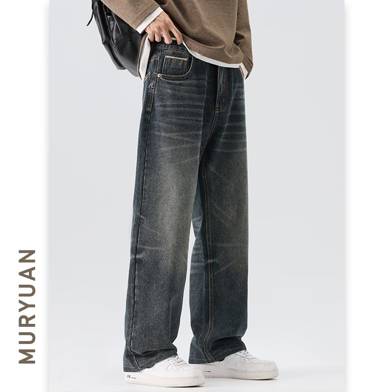 Blue Gray Denim Pants Men's Trendy Straight Leg